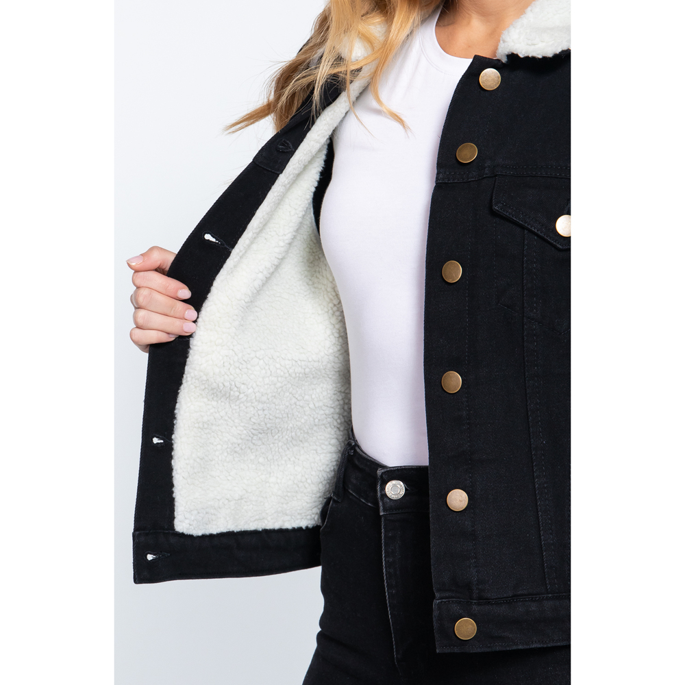 Inner Fur Black Oversized Denim Jacket - Picture 4 of 8